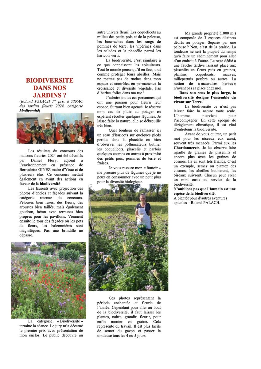 Article Biodiversité dans nos jardins ? Écrit par Roland PALACH, 1er prix à YTRAC des jardins fleuris 2024, catégorie biodiversité.
